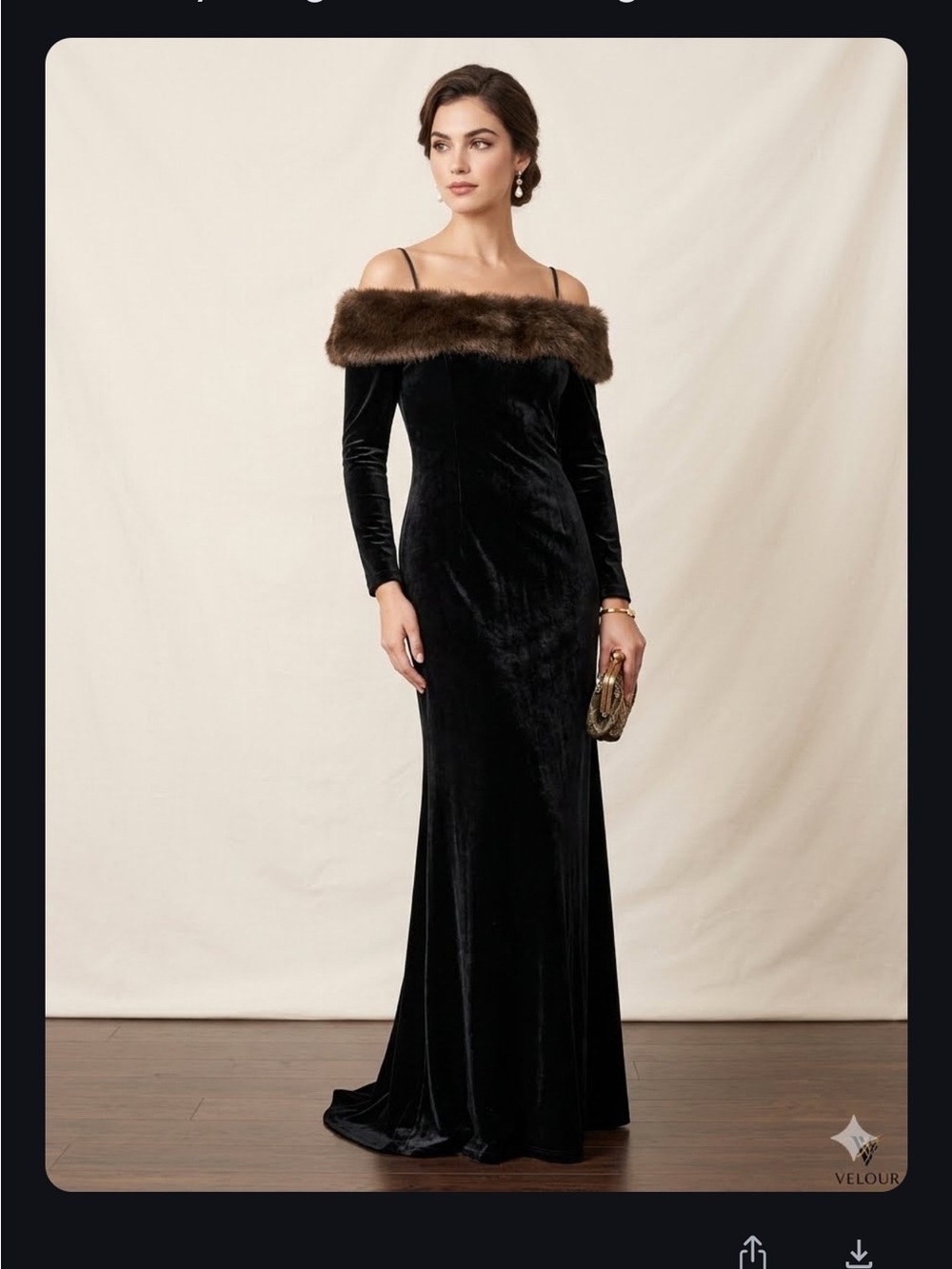 Cachet Black velvet faux fur trim maxi dress